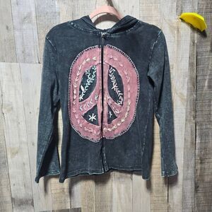 Jayli Vintage Y2K Washed Black Love and Pwace Sign Embroidered Hoodie Hippie Boh